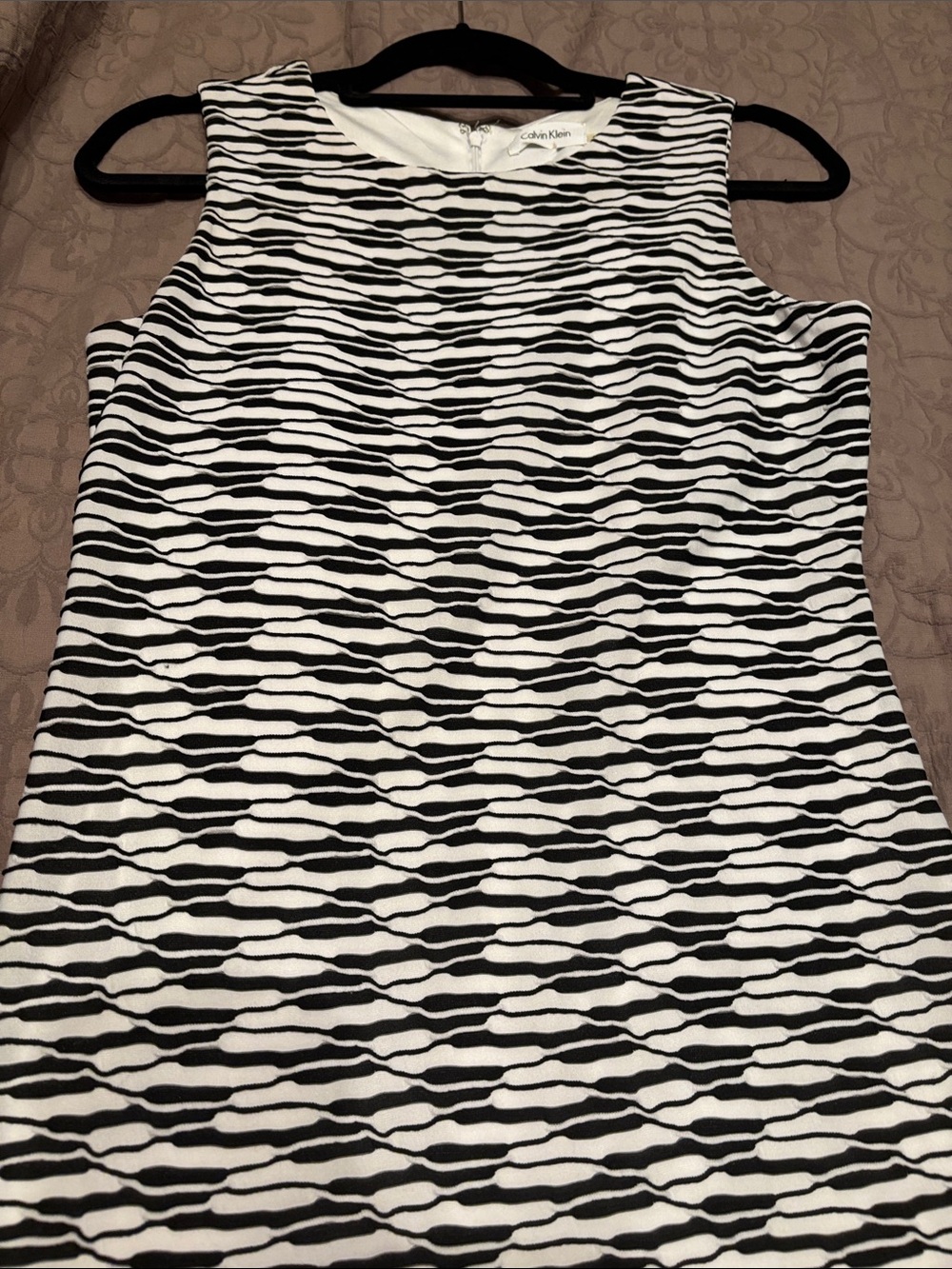 Calvin Klein Black and White Sleeveless Wave-Stripe Dress